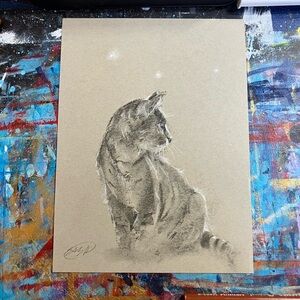 Original Cat handmade art pastel charcoal painting home decor artwork feline USA